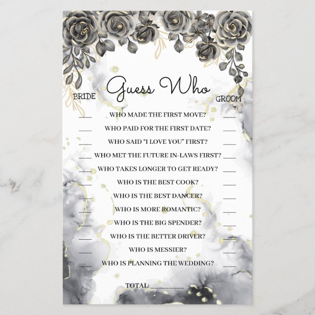 Guess Who Black Roses Bridal Shower Game Card (Front)