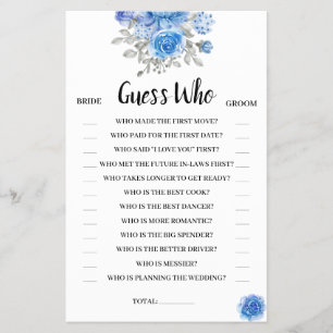 Guess Who Blue Flowers Bridal Shower Game Card