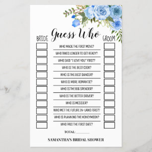 Guess Who Blue Flowers Bridal Shower Game Card