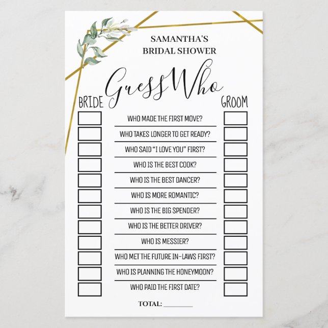 Guess who bridal shower english spanish game (Front)