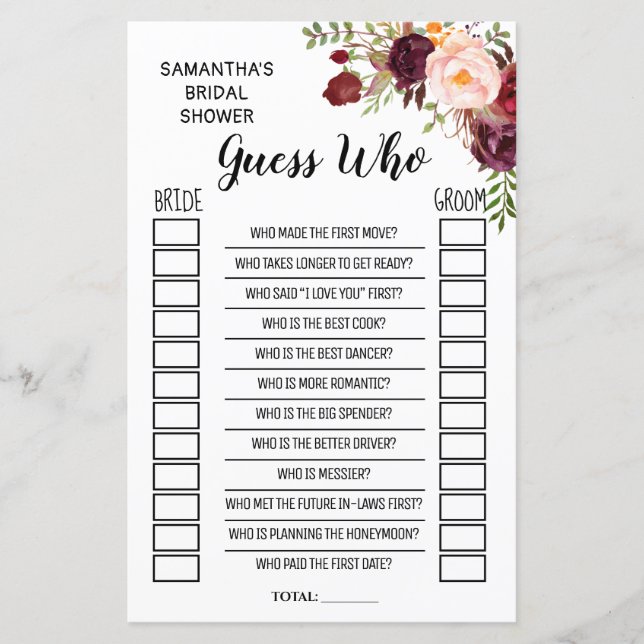 Guess who bridal shower english spanish game (Front)