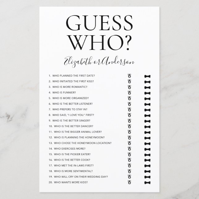 Guess Who Bridal Shower Game (Front)