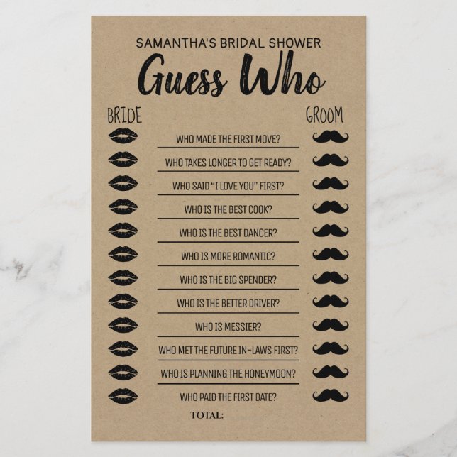 Guess Who Bridal Shower Rustic Game Card (Front)