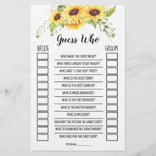 Guess Who Bridal Shower Sunflowers Game Card