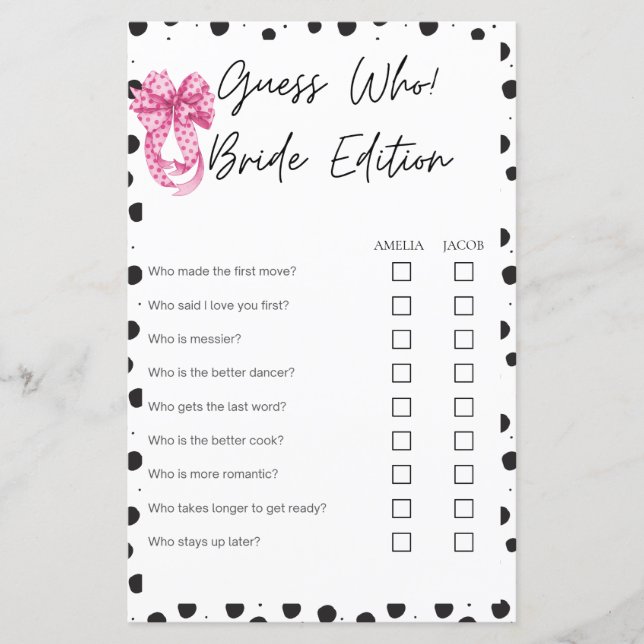 Guess who bride edition Pink bridal shower games (Front)