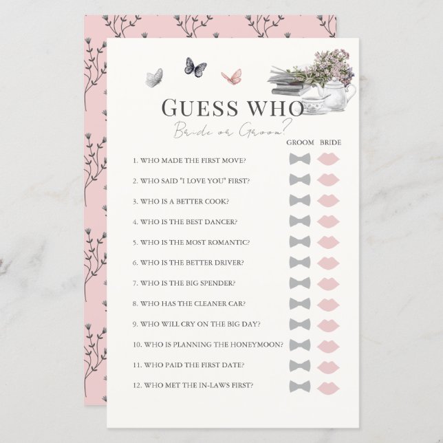 Guess Who Bride Groom Book Pk Bridal Shower Game (Front/Back)