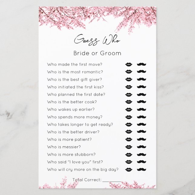 Guess Who-Bride or Groom-Blossom Bridal ShowerGame (Front)