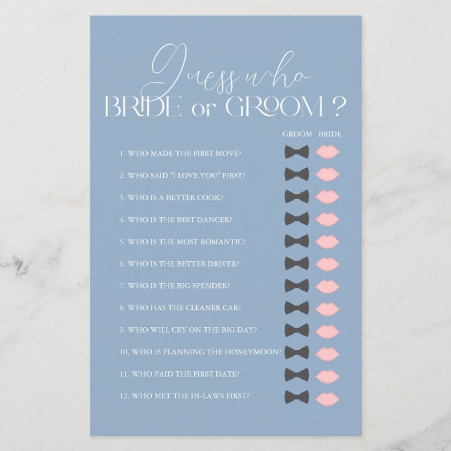 Guess Who Bride or Groom Blue Bridal Shower Game (Front)