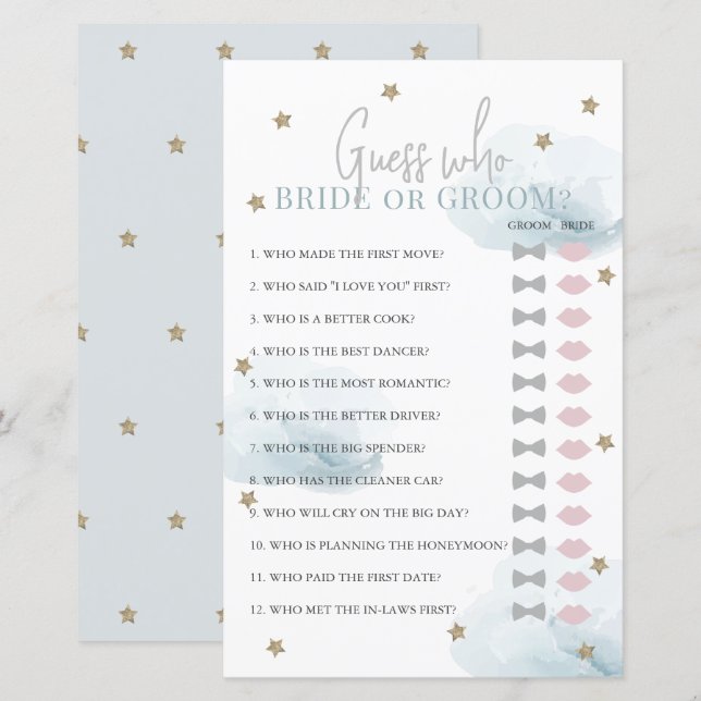 Guess Who Bride or Groom Blue Bridal Shower Game (Front/Back)