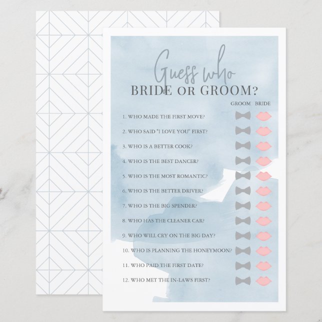 Guess Who Bride or Groom Blue Bridal Shower Game (Front/Back)