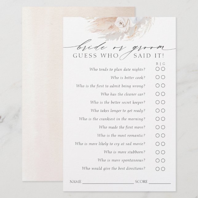 Guess Who Bride or Groom - Boho Game Card (Front/Back)