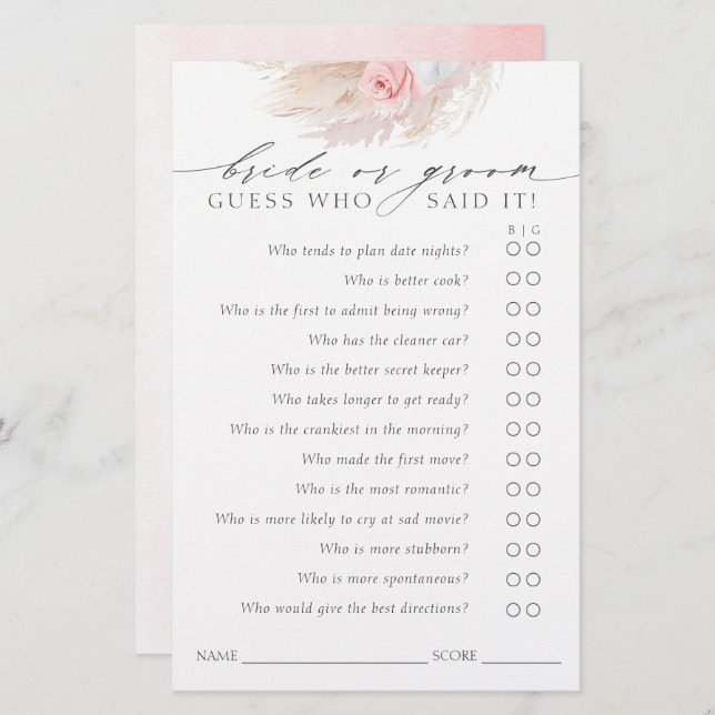 Guess Who Bride or Groom - Boho Game Card (Front/Back)