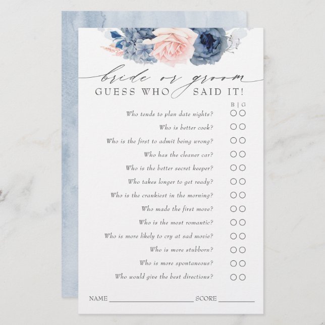 Guess Who Bride or Groom - Dusty Blue Game Card (Front/Back)