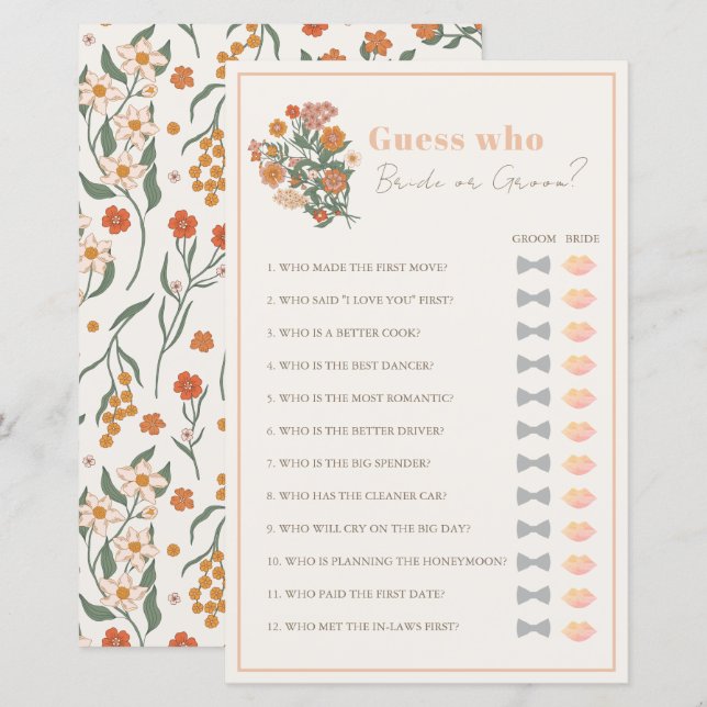 Guess Who Bride or Groom Floral Bridal Shower Game (Front/Back)