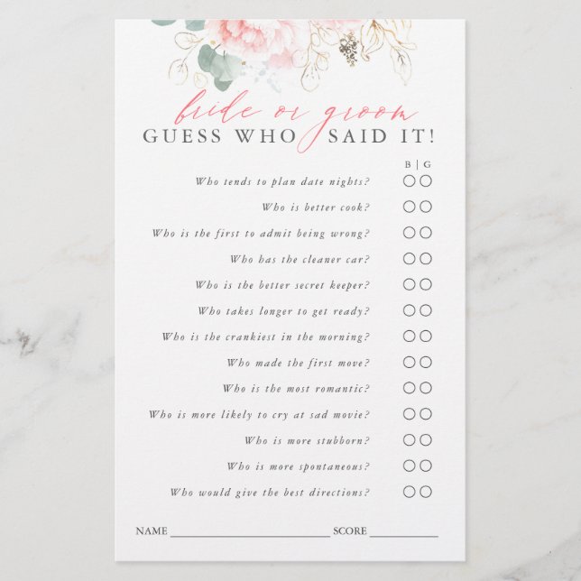 Guess Who Bride or Groom - Game Card (Front)