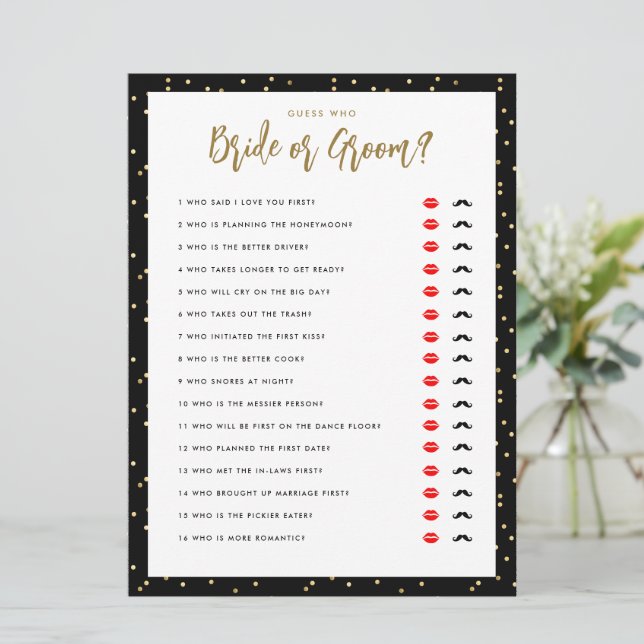 Guess Who Bride or Groom Gold Black Shower Game Invitation (Standing Front)