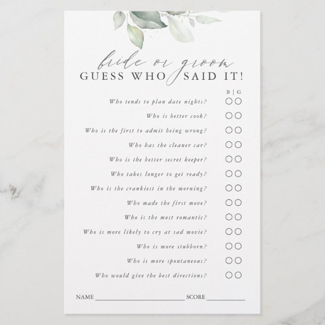 Guess Who Bride or Groom - Greenery Game Card (Front)