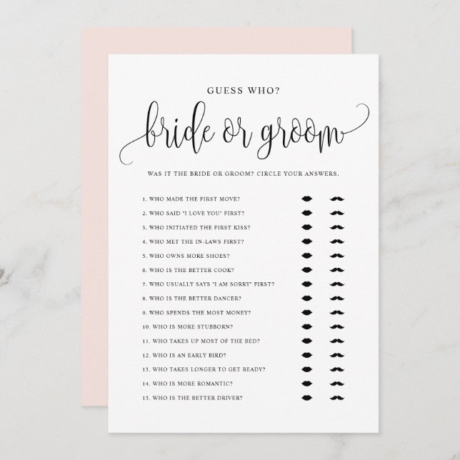Guess Who Bride or Groom He Said She Said Card (Front/Back)
