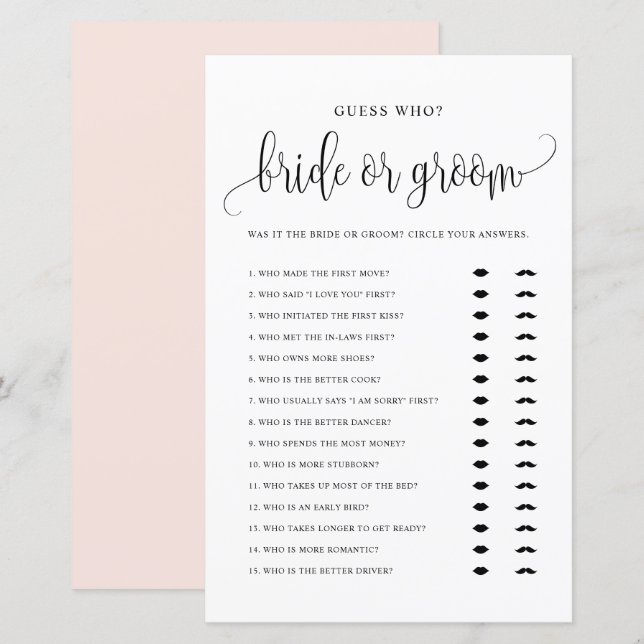 Guess Who Bride or Groom He Said She Said Game (Front/Back)