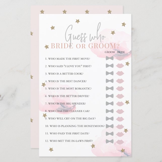 Guess Who Bride or Groom Pink Bridal Shower Game (Front/Back)