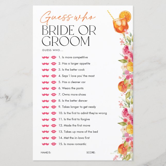 Guess who Bride or Groom Spritz Bridal Shower Game (Front)