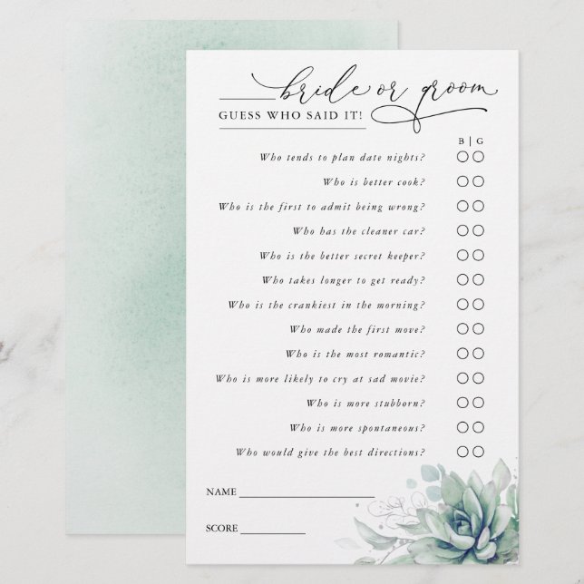 Guess Who Bride or Groom - Succulents Game Card (Front/Back)