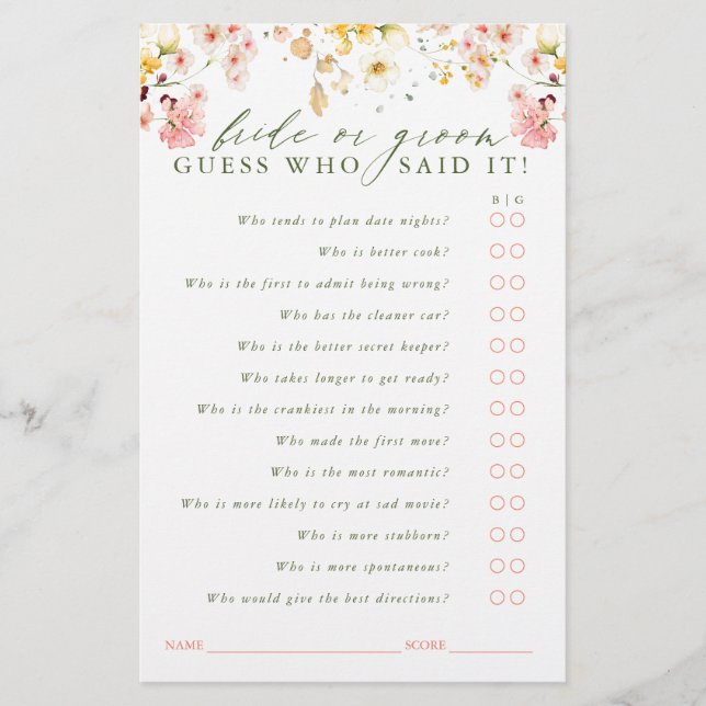 Guess Who Bride or Groom - Wildflowers Game Card (Front)