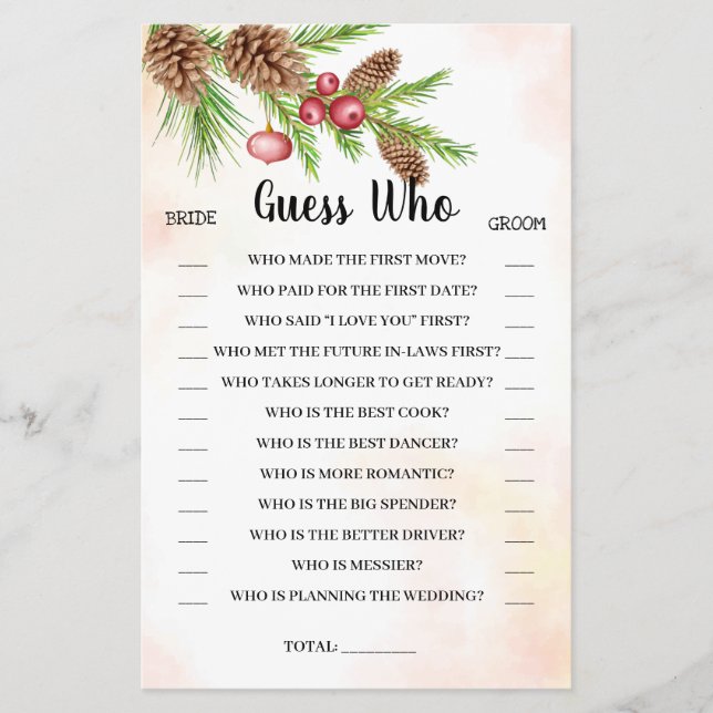 Guess Who Christmas Bridal Shower Game Card (Front)