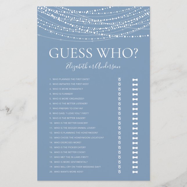 Guess Who Dusty Blue Lights Bridal Shower Game (Front)