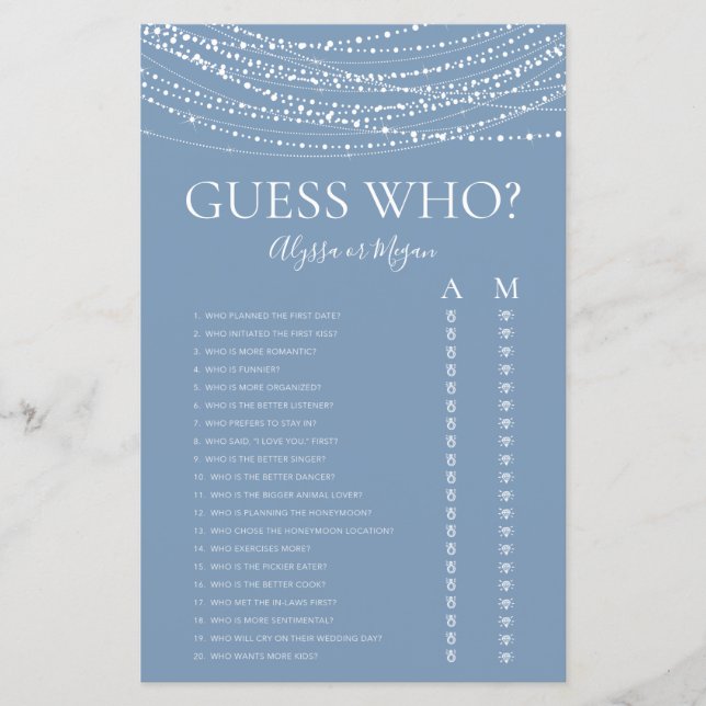 Guess Who Dusty Blue Lights LGBTQ Shower Game (Front)