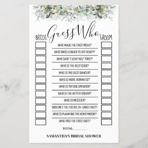 Guess Who Eucalyptus Bridal Shower Game Card
