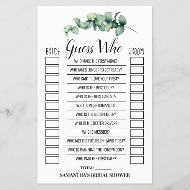 Guess Who Eucalyptus Bridal Shower Game Card (Front)
