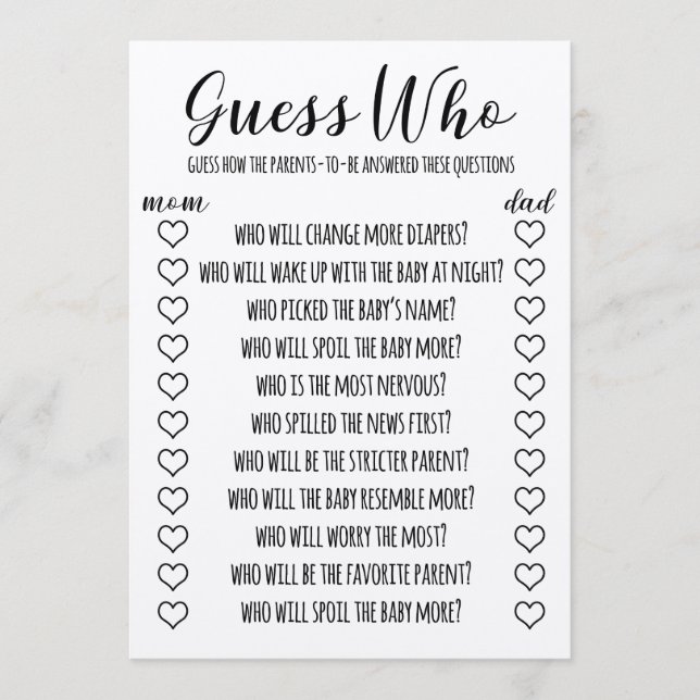 Guess Who Funny Baby Shower Game Programme (Front)