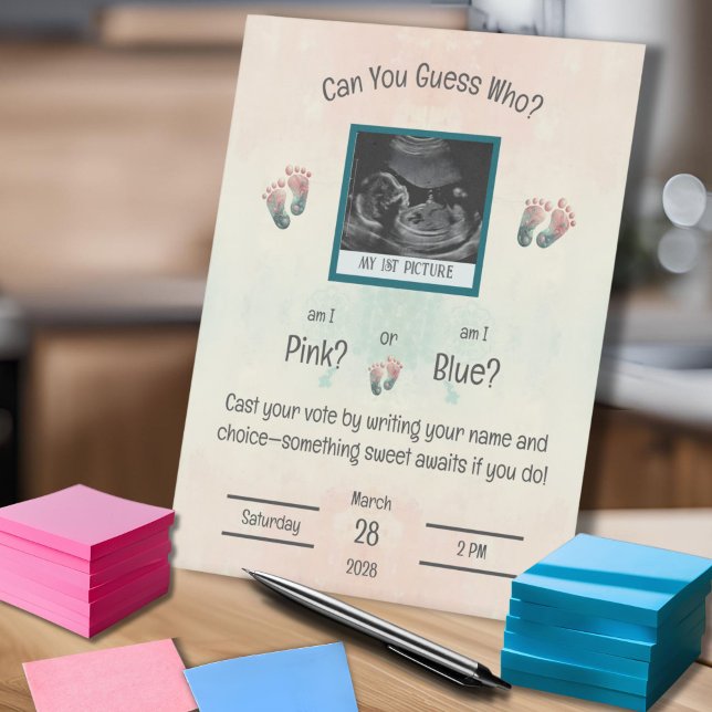 "Guess Who" Gender Reveal Ultrasound Baby Shower Pedestal Sign (Gender Reveal Baby Shower Game, "Guess Who" Team Pink or Team Blue, Sign)