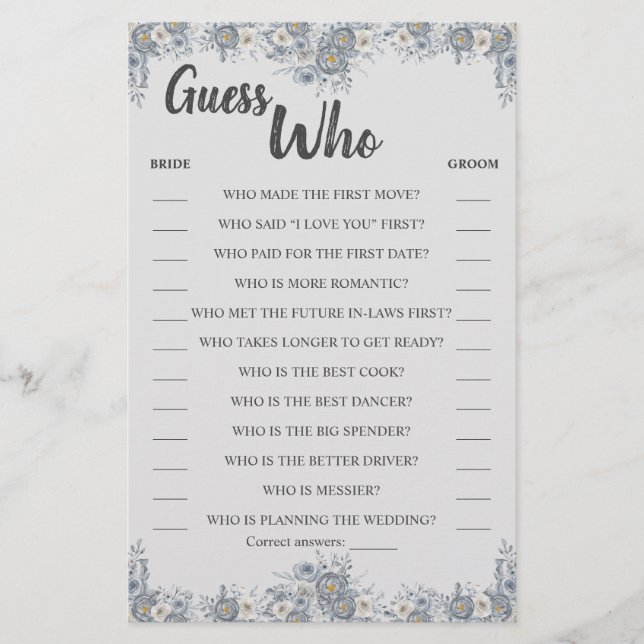 Guess Who Grey Floral Shower Game Card (Front)