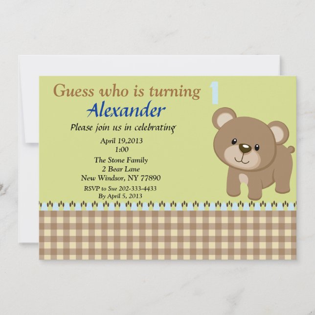 Guess Who Is Turning 1 Bear Invitation (Front)