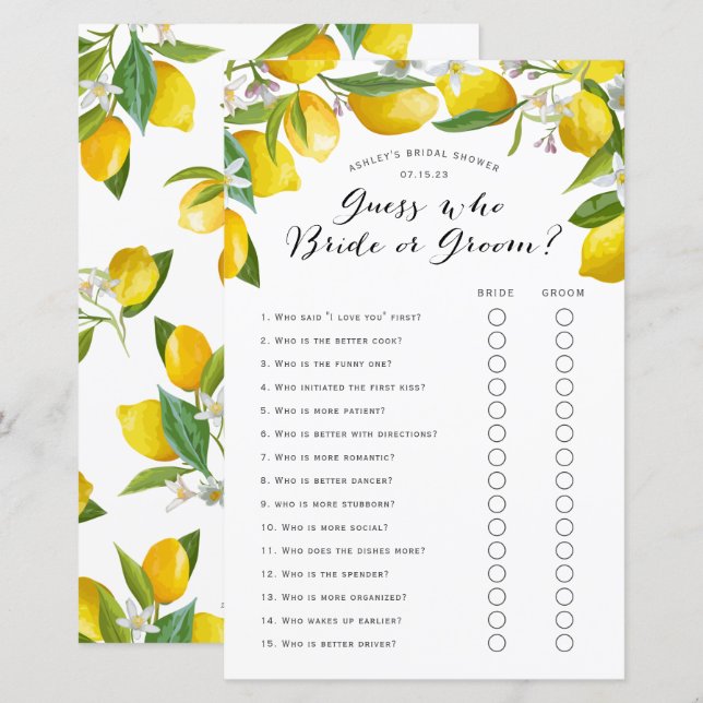 Guess Who, lemon Bridal shower games (Front/Back)