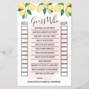 Guess Who Lemons Pink Bridal Shower Game Card