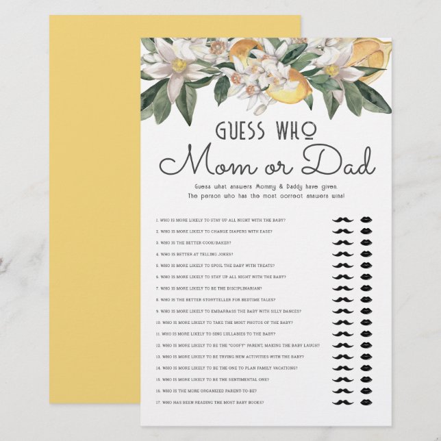 Guess Who Mom Or Dad Lemon Citrus Baby Shower Stationery (Front/Back)
