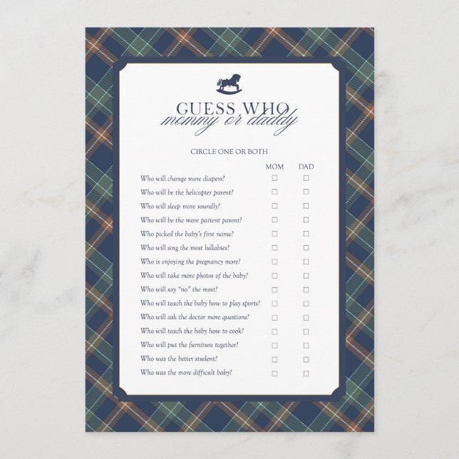 Guess Who Mommy or Daddy Baby Shower Game  Advice Card (Front)