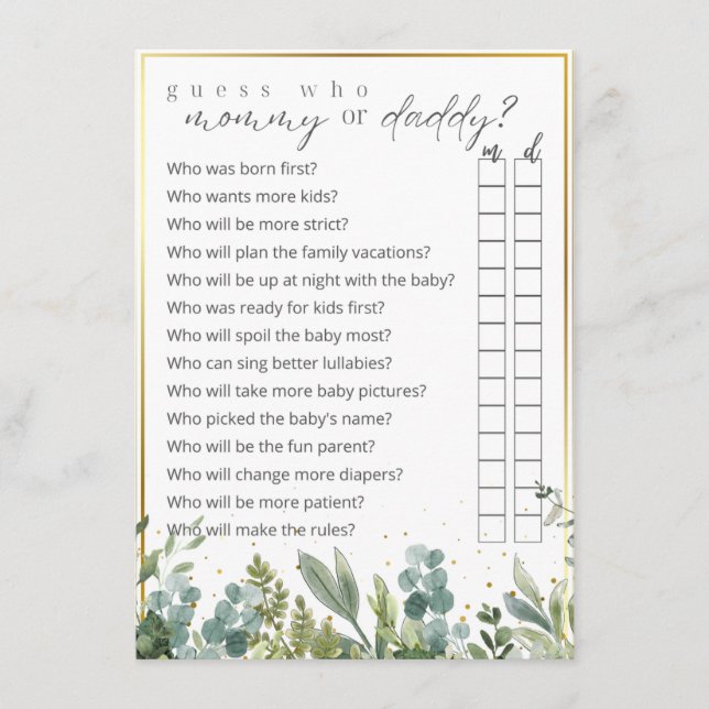 Guess Who Mum or Dad Baby Animals Baby Shower Game Enclosure Card (Front)