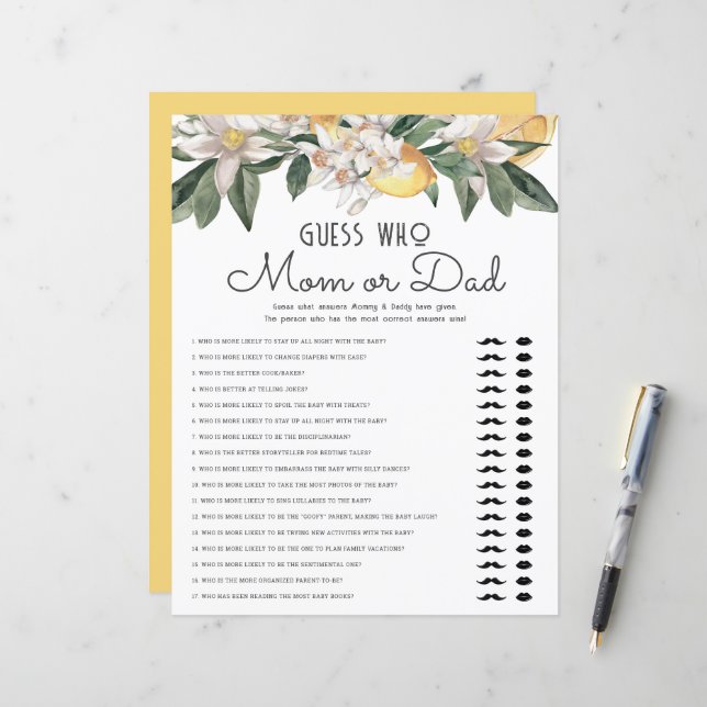 Guess Who Mum Or Dad Lemon Citrus Baby Shower (Front/Back In Situ)