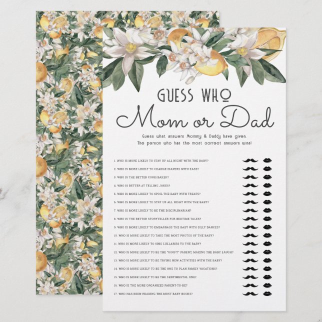 Guess Who Mum Or Dad Lemon Citrus Baby Shower Stationery (Front/Back)