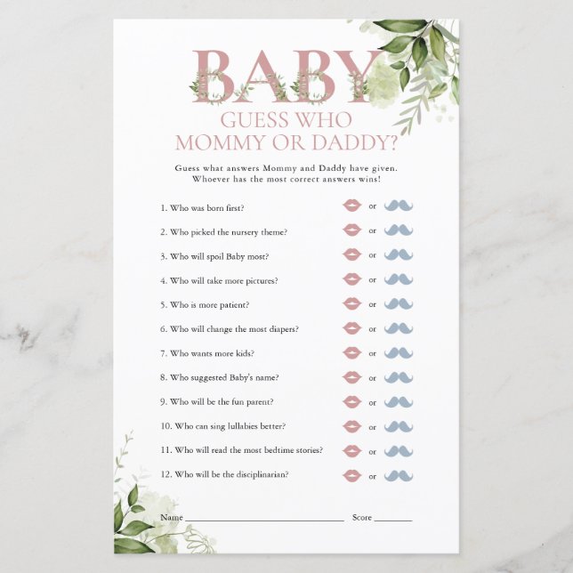 Guess Who Mummy Daddy Greenery Baby Shower Game (Front)