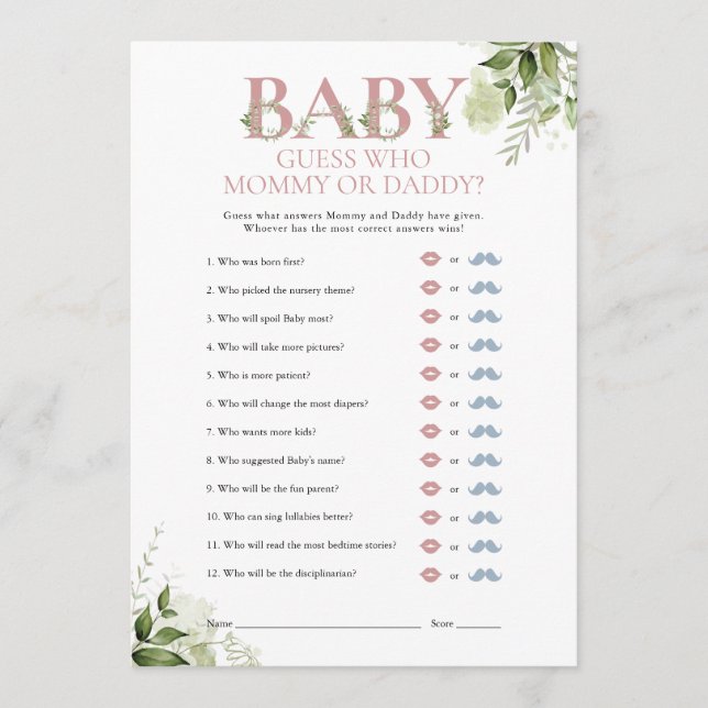 Guess Who Mummy Daddy Greenery Baby Shower Game Invitation (Front)