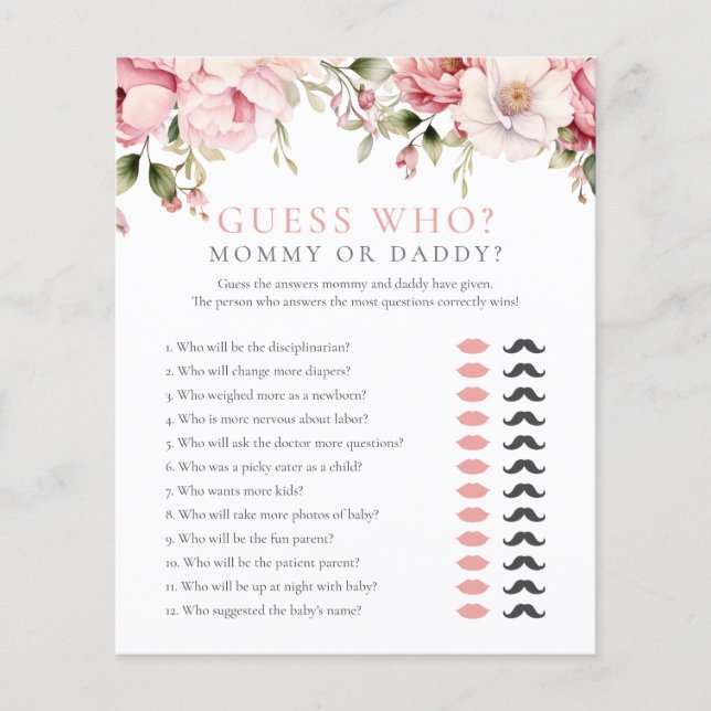 Guess Who Mummy Daddy Pink Floral Baby Shower Game (Front)