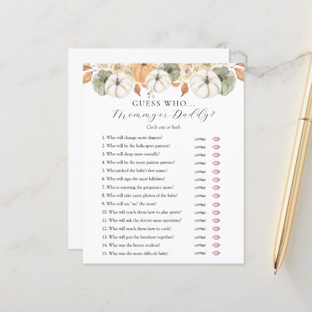 Guess Who Mummy or Daddy Baby Shower game card (Front/Back In Situ)