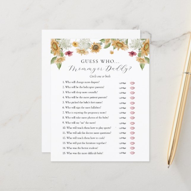 Guess Who Mummy or Daddy Baby Shower game card (Front/Back In Situ)