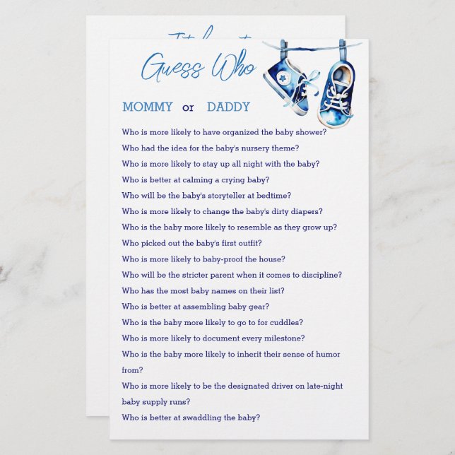 Guess who mummy or daddy baby shower game card (Front/Back)