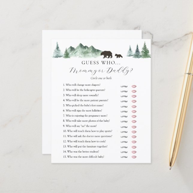 Guess Who Mummy or Daddy Baby Shower game card (Front/Back In Situ)